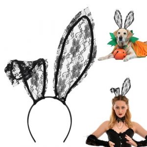 QIZHIQIAMY Oreille de Lapin Halloween Serre Tete Oreille de Lapin Noir Dentelle/Blanc Peluche Bunny Ears pour Enfants Adultes Halloween Accessoire de D&eacute;guisement, Cosplay (Noir) (qizhiparty, neuf)