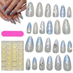 Lot de 24 faux ongles bleus en acrylique, motifs argent&eacute;s, autocollants de manucure, accessoires de beaut&eacute; pour t&eacute;l&eacute;phone portable, &agrave; coller sur de faux accessoires pour l'&eacute;cole &agrave; domicile (gahtalw, neuf)