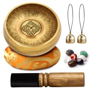 Bol Tibetain, Bol Tibétain Artisanal Fabriqué pour Méditation Yoga Détente Guérison avec Pierre de Yoga et Clochettes, Bol Tibetain Fait Main avec Maillet en Cuir et Bol Chantant (CANZHOUH, neuf)