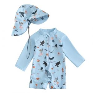 Maillot de Bain Enfant B&eacute;b&eacute; Gar&ccedil;on de 2 Pi&egrave;ces Anti-UV, Combinaison Zipp&eacute; &agrave; Manches Longues Imprim&eacute; + Chapeau &agrave; Large Bord Maillot de Bain B&eacute;b&eacute; Gar&ccedil;on Maillots de Bain Fille (PINTUTU SEXY, neuf)