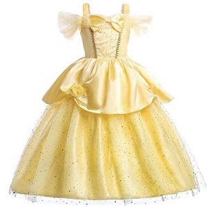MYRISAM Filles Princesse Belle Robe de Carnaval Hors Épaule Costume de la Beauté et la Bête Halloween Cosplay Fancy Dress up Déguisements Cosplay Cérémonie Anniversaire 3-4 (MYRISAM store, neuf)
