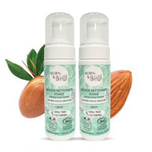 BORN TO BIO Mousse Nettoyante Visage Bio pour Peaux Mixtes - Lot de 2 x 150ml : Confort - Amande Douce Argan - Nettoyage Doux et Efficace - Comfort - Texture Ultra Légère - Certifiée Bio (Born To BIO, neuf)