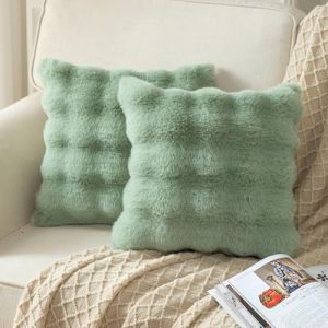 Yaertun Lot de 2 Sage Vert 45 x 45 cm Housses de Coussin D&eacute;corative en Laine Douce &eacute;paisse Fausse Fourrure Peluche Taie d'oreiller Moelleux pour Canap&eacute; Chambre &agrave; Coucher (Yaertun, neuf)