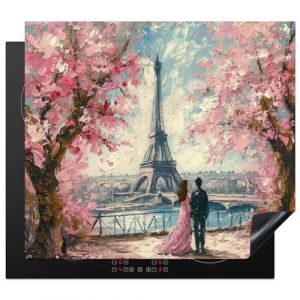 KitchenYeah&copy; Prot&egrave;ge Plaque Induction 60x52 cm Deco Cuisine Accessoire Pratique Protection De Vitroceramique Kitchen Gadget Tour Eiffel - Couple - Rose - Romantique - Arbres - Paris (KitchenYeah, neuf)