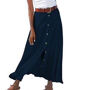 Jupe Mi-Longue Trapèze Femme Coton à Taille Élastique Décontractée Jupe Plissée Boutonnée sur Devant Jupes pour Printemps et été décontractée Ample Couleur Unie Jupes trapèze avec Poches Taille (Kincool, neuf)