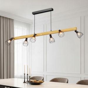 LVWIT Suspension Luminaire Bois &agrave; 6 Lumi&egrave;res, E14 Suspension Noire pour &icirc;lot de Cuisine, Luminaire Industrielle 1145MM, Lustre Salle a Manger (Sans ampoule) (LED MALL, neuf)