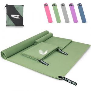 Pfloge&reg; Serviette Microfibre Lot de 3, 180x80cm Serviette Sport Musculation + 2 Petites 80x40cm Serviette Voyage, S&eacute;chage Rapide, pour Le Fitness, Piscine, Sauna, Plage, Voyages(Vert Fonc&eacute;) (ALEXI MARKET, neuf)