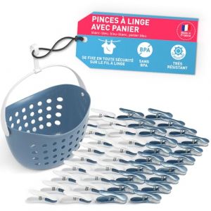 culiclean Pince a Linge Soft Clips – Panier Epingle a Linge – Fabriqué en France – Blanc-Bleu avec Panier Bleu – Lot de 40 Pinces + 1 Panier (ISC Brands, neuf)