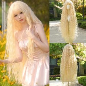 Iuscacey Perruque blonde longue boucl&eacute;e Extra l&acirc;che Perruques de cosplay blonde longue avec frange Perruque de costume synth&eacute;tique r&eacute;sistante &agrave; la chaleur 43 pouces,Rose (fanyia, neuf)