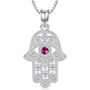 Collier Main de Fatma Argent Sterling 925, Pendentif Main de Fatma avec Zircon Rose, Hamsa Collier Main de Fatma avec Oeil, Bijoux Main de Fatma pour Femme (Aniu, neuf)