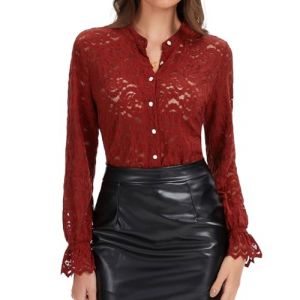 WOWENY Chemisier en dentelle pour femme - Manches longues - &Eacute;l&eacute;gant - Col &agrave; revers - Blouse en dentelle - Haut d&eacute;contract&eacute; - Chemisier transparent, rouge bordeaux, M (Naughty Fashion Mode, neuf)