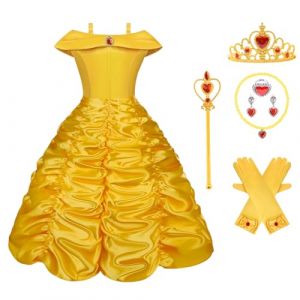 Vicloon Robe de Princesse Belle,9pcs Deguisement Belle Deguisement de Belle et La Bête/Cape à Capuche Costume pour Cosplay Mariage Carnaval Fête d'anniversaire,Jaune,150cm (Vicloon®-FR, neuf)