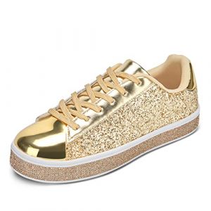 UUBARIS Baskets de tennis à paillettes pour femme - Fluo - Élégantes - Avec strass - Pour mariage - Chaussures de mariée à paillettes brillantes, Paillettes dorées larges, 39 EU (UUBARIS, neuf)