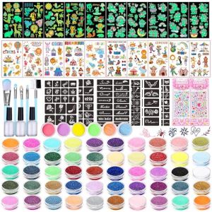 TEUVO 50 Couleurs Tatouage Paillette Enfant, 132 Temporaires Pochoirs, 6 Pots Lumineux Poudre & 10 Autocollants Lumineux pour Filles Gar&ccedil;ons Paillette Maquillage Kit No&euml;l Halloween Carnaval F&ecirc;te (TEUVO, neuf)