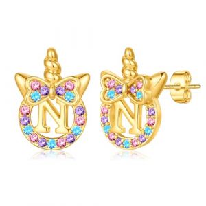 TINGN Boucles d'oreilles licorne pour filles - Argent 925 hypoallerg&eacute;nique - Zircon arc-en-ciel color&eacute; - Boucles d'oreilles avec lettres en or - Bijoux licorne - Cadeau pour fille de 5 &agrave; 12 ans (TINGN JEWELRY, neuf)