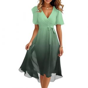 Robe Femme Ete Chic et Elegant Mi Longue Ensemble Boheme Fluide Robe Femme Fleurie Manche Courte Moulante Portefeuille Femmes Vetement Robes de Plage Bal Cocktail Soiree D'&eacute;t&eacute;(A Green,Large) (QU-XINYU, neuf)