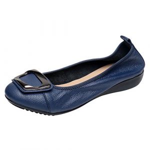 Jamron Femmes Cuir Véritable Chaussures de Confort Semelle Souple Ballerines Bas Talon Compensé Chaussons Bleu SN020624 EU37 (No.7 Fashion House, neuf)