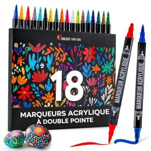 Zenacolor Feutre Acrylique à Double Pointe (Pointes Fines et Pinceau) - 18 Couleurs Uniques de Marqueur Acrylique pour Diverses Surfaces et Œuvres d'Art - Feutres Peinture Acrylique (BMS France, neuf)