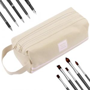 KEWUF Trousse à Crayons, Trousse de Grande Capacité, 2 Compartiments, Trousse Scolaire, Trousse à Crayons Portable, Pencil Case à Fermeture éclair, Simple et Belle, Tissu Oxford, Beige. (VicFENG001, neuf)
