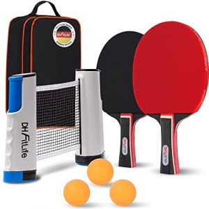 DH FitLife Set de Raquettes de Tennis de Table pour 2 Joueurs avec Filet Mobile Extensible, 3 balles de ping-Pong et 2 Raquettes avec Sac de Rangement, kit de Tennis de Table avec Filet (DH FitLife GmbH, neuf)