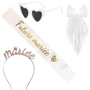 Accessoire EVJF Couronne Serre-tête Mariée+Echarpe Future Mariée+Voile avec Perles+Lunette Coeur Accessoire Kit Enterrement De Vie De Jeune Fille (Niya Shop, neuf)