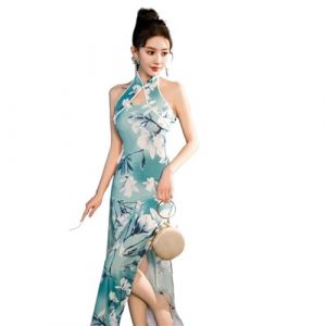 Sexy Licou Cheongsam Dame Fendue Qipao Style Chinois Robe Robe Satin Cheongsams Évider Robes Grande Taille (Long Cl) (RUNJIN12, neuf)