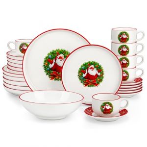 MALACASA Service Vaisselle de Noel, 30 Pièces Assiette de noel Porcelaine, Rouge avec un Motif de Père Noël, Décorations de Table de Noël (MALACASA Modern Tableware, neuf)