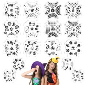 16 pièces Pochoirs de Peinture pour Visage, Modèles Tatouage Réutilisables, Pochoirs Tatouage pour les Yeux Pochoirs Peinture Corporelle pour les Enfants Fête Vacances Halloween Maquillage 20x20cm (Wofeu, neuf)