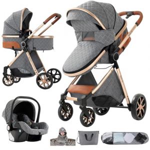Nine point nine Poussette 3 en 1, Poussette Bebe avec Double Modes de Poussée Réversibles, Poussette Canne avec Grande Nacelle Confortable, Pousettes avec Cadre Aluminium Haute Paysage (YV9 Grey) (Kaiwen baby products, neuf)
