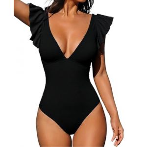 Femme Maillot de Bain 1 pièce Costume de Natation à col en V Contrôle Ventre Bikini Monokini à Volants Amincissant Push Up Monokini(Noir,XXL) (RSSAA, neuf)