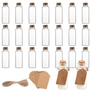 Yeria 22pcs Mini Bouteille en Verre 40ml avec Bouchon en Liège, Étiquettes Kraft et Ficelle de Jute – Petits Flacons en Verre pour Décoration, DIY, Mariage, Souhaits et Cadeaux (Light Chaser FR, neuf)