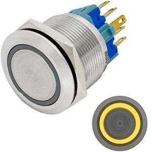 Lumonic bouton poussoir plat en acier inox, diam&egrave;tre 22mm I Avec une LED circulaire jaune Dimensions: 2,8x0,5mm Pin s 250V 3A I R&eacute;sistant au vandalisme norme IP65 (IT-Tronics GmbH, neuf)