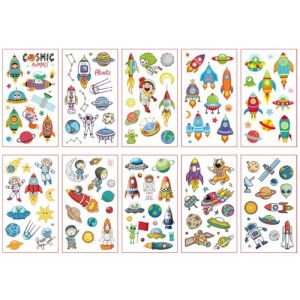 10 Feuilles De Tatouages Temporaires Sur Le Th&egrave;me De L'Espace Pour Enfants Avec Des Fus&eacute;es, Des Plan&egrave;tes, Des Astronautes Et Des Ovnis (PEKNUX, neuf)