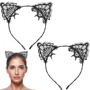 FrostyFlair 2 pi&egrave;ces serre-t&ecirc;te oreilles de chat, serre-t&ecirc;te oreilles de chat & serre-t&ecirc;te dentelle pour femmes, accessoire de costume de chat d'Halloween pour cosplay et f&ecirc;te (xianbanshuoshangmaoyouxiangongsi, neuf)