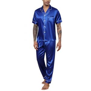 Reliwel Pyjama Homme Ete Satin Pyjama Short Homme en Soie Boutonn&eacute; Chemise Manches Courtes et Pantalon Long Deux Pi&egrave;ces v&ecirc;tements de Nuit Confortable Doux (Reliwel-FR, neuf)
