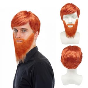 UILYNIU 2Pcs Perruque Homme avec Fausse Barbe Ginger Wig Boyband Perruque Déguisement Perruque Orange Perruque Homme Punk Rock Perruque Années 80 Accessoires de Costume pour Fête Carnaval(Orange) (XIMO EU, neuf)