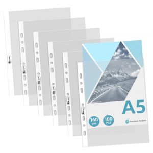 Agoer 100Pcs Pochette Plastique A5 Transparente (Grain&eacute;es), 160Micros Pochettes Plastique Perfor&eacute;es A5 Plus &eacute;pais, Cristal Format DINA5,7 Trou pour 2/3 Anneaux, pour &Eacute;cole,Bureau,Famille (Agoer, neuf)
