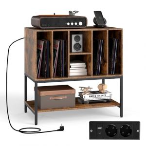 COSTWAY Support Tourne-Disque avec Prise, Rangement Platine Vinyle avec Étagères, 6 Compartiments, Rangement CD/Album/Disque, Meuble Bibliothèque pour Manga (Marron Rustique) (FDS GmbH, neuf)