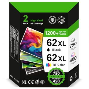 INKYEAH Cartouche 62 Noir et Couleur- 750/450+ Pages, Remplacement pour Cartouche HP 62 XL Original, Encre Imprimante 62 Pack de 2 pour HP Envy 5540 5640 7640 5544 5646 OfficeJet 200 250 5742 5740 (InkYeah Prints, neuf)