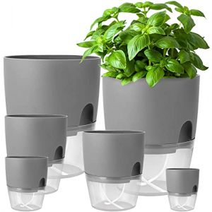 iDattel Pot de Fleurs avec Syst&egrave;me d'Arrosage Automatique, Lot de 6 Pots &agrave; Herbes Aromatiques pour Fen&ecirc;tre de Cuisine, Auto-Arrosage - 23,5/15,3/10,5/8,2 cm, pour Herbes Fra&icirc;ches de Cuisine, Gris (SweetSt-fr, neuf)