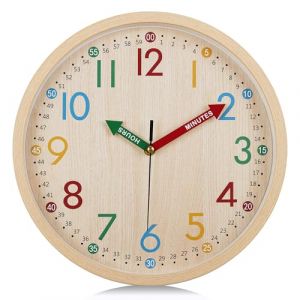 Lafocuse Horloge Murale Enfant Apprentissage Grain de Bois Silencieuse, 30cm Pendule Murale Design Moderne, Facile à Lire sans Tictac pour Chambre Ecole Cuisine Salon (QuareBest, neuf)