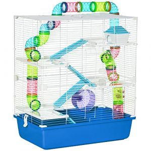 PawHut 5-Level Hamster Cage with Tubes, Cage, Water Tank, Ramps, Bowl, Platforms and Wheel, Rodent Cage with 2 Steel Handles, PP and PS, 59x36x69 cm, Blue and White (AOSOM, neuf)