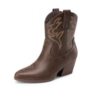 DREAM PAIRS Bottes Femme Western Courtes &agrave; Talon Bloc Bas Bout Pointu Bottines Cowboy Cowgirl Brod&eacute;es Mode pour Automne Hiver,Size 40,Brun,DWUMAB2504 (dreampairsEU, neuf)