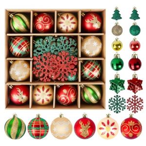 Anstore Boule de Noel Rouge Vert Or, 40 Boules de No&euml;l en Plastique avec Flocons de Neige et Sapin de No&euml;l, Ornements Incassables D&eacute;coration Boule de Sapin de No&euml;l 3/6cm pour Int&eacute;rieur et Ext&eacute;rieur (JieSD Shop, neuf)