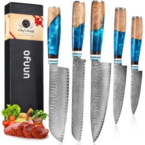 oFuun 5pcs Couteau Cuisine Couteaux de Chef Damas Set, Couteaux Japonais Lame en Acier Damas 67, Lot de Couteaux Cuisine Professionnelle, Ergonomique Résine Bleue Handle (Hutt-FR, neuf)