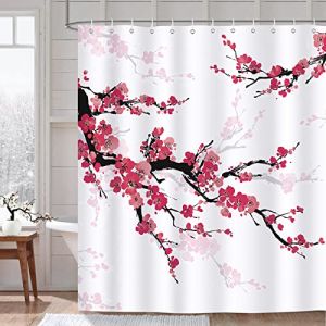 Bonhause Rideau de Douche Fleur de Cerisier Rouge Rideau de Bain Tissu Polyester Anti Moisissure Imperméable Lavable Rideaux Salle de Bain 180 x 200 cm avec 12 Crochets pour Baignoire (Bonhause EU, neuf)