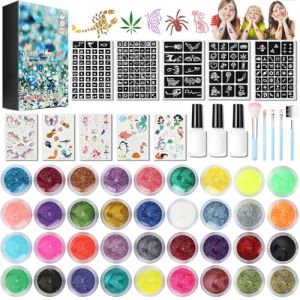 Kit de Tatouage &agrave; Paillettes Enfant 36 Couleurs Kit Tatouage Paillettes Enfant Filles 200 Pochoir Tatouage,5 Pinceaux,3 Colles,5 Autocollants de Tatouage pour Anniversaire Carnaval F&ecirc;te,Cosplay (XUHE B-COMERCE S.R.L., neuf)