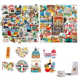 Lot de 2 X 50 Italie Voyage Autocollants et autocollants de voyage en plein air, Imperméables de Voyage Italy de Vacances, Stickers Aesthetic pour Bagages Skateboard Guitare Ordinateur Portable (ROBFLOR MARKET CARS, neuf)