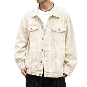 L9WEI Veste en jean pour homme, couleur unie, revers de mi-saison, veste en denim, automne, manches longues, veste de loisirs, mode streetwear, Blanc., 5X-Large (OWENMDD, neuf)