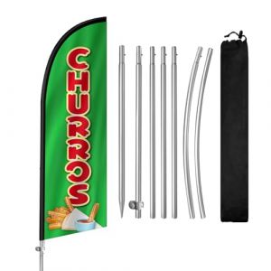 Drapeau publicitaire Churros avec m&acirc;t en acier inoxydable, piquet, panneaux Churros pour entreprises et vitrines de 2,4 m (QSUM DISPLAY, neuf)